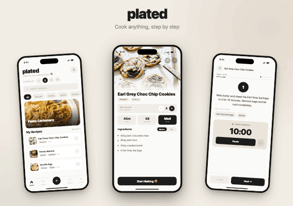 Plated app cover: three iPhone screens showing the recipe list, a recipe with ingredients and servings, and step-by-step cooking mode